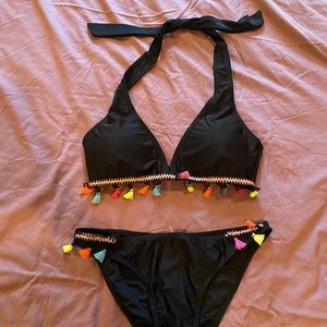 Black bikini with colorful tassels